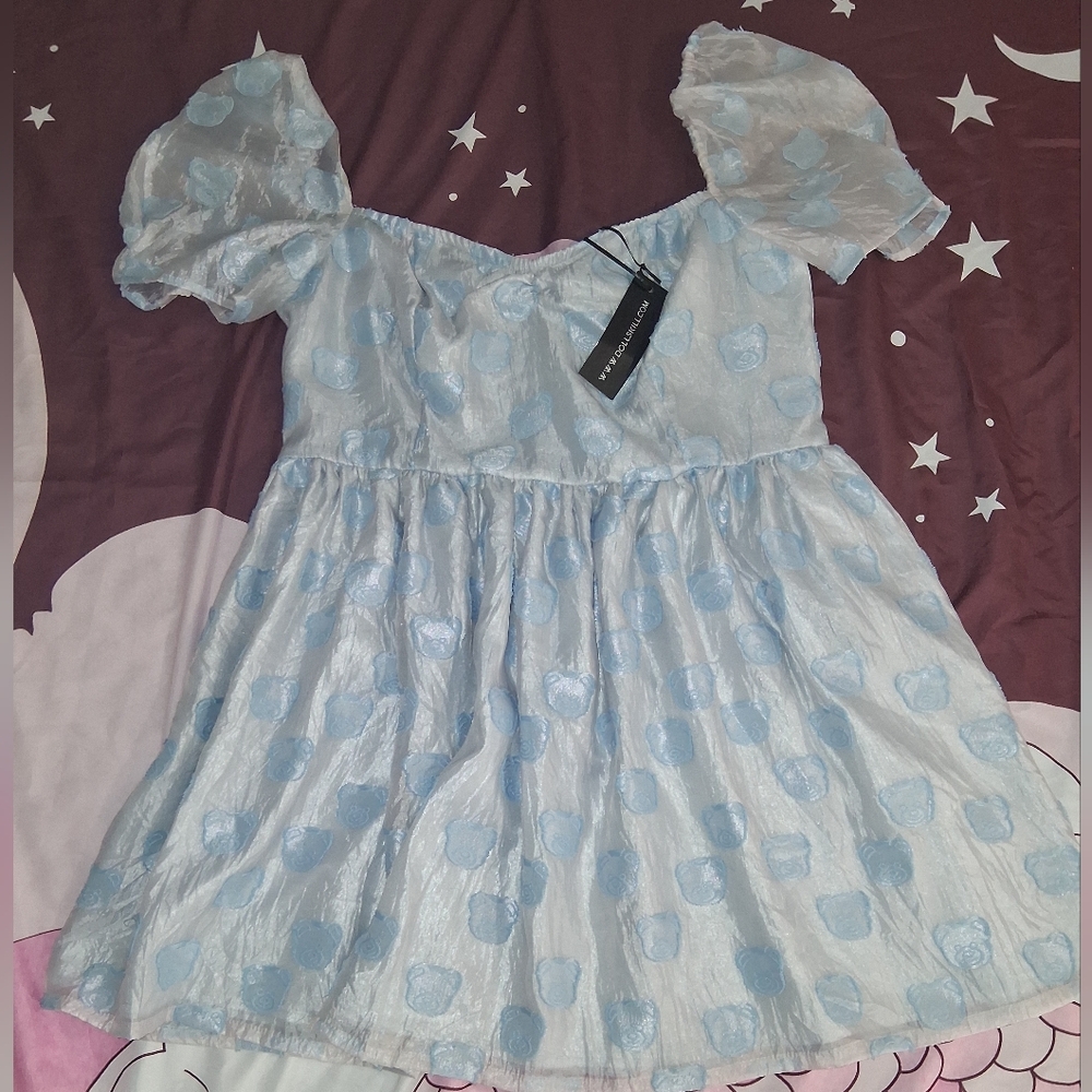 Delia's Baby Blue Puff Sleeve Dress with  Teddy BearTexture Fabric